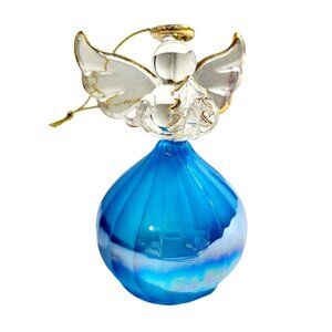 Vintage Handblown Glass Christmas Angel Ornament Blue Iridescent Skirt Gold Acce